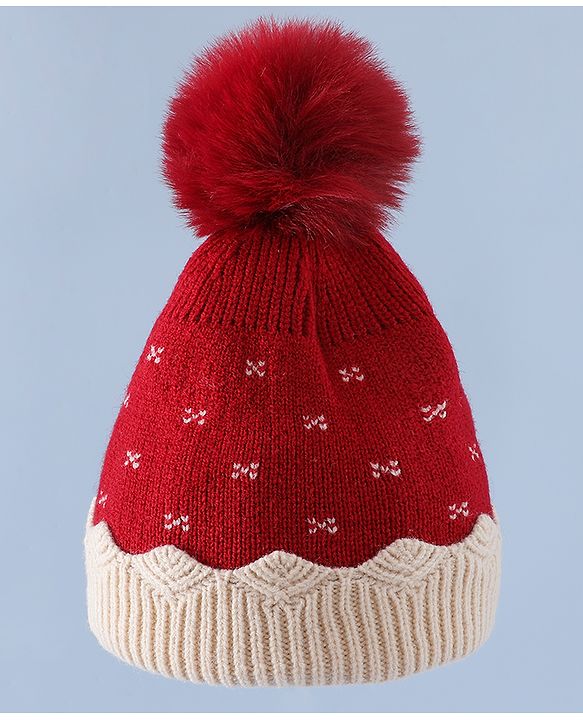 Babyhug Woollen Cap & Sets With Floral Design Red - Diameter 18.5 cm