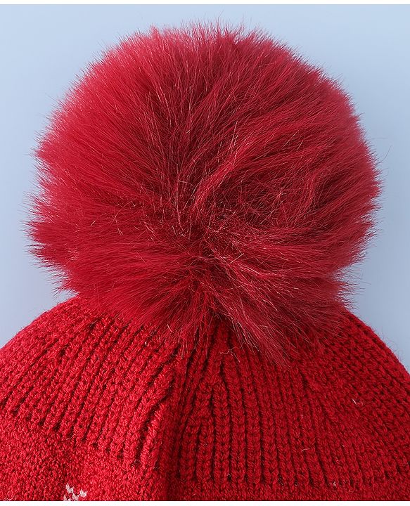 Babyhug Woollen Cap & Sets With Floral Design Red - Diameter 18.5 cm
