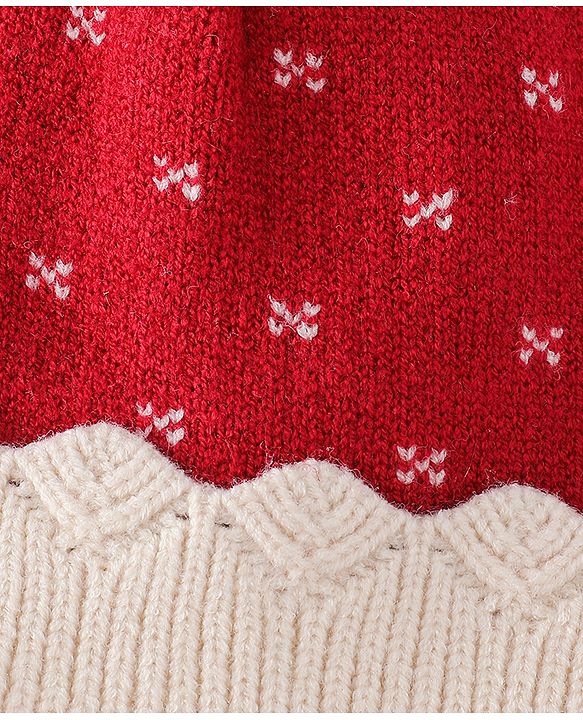 Babyhug Woollen Cap & Sets With Floral Design Red - Diameter 18.5 cm