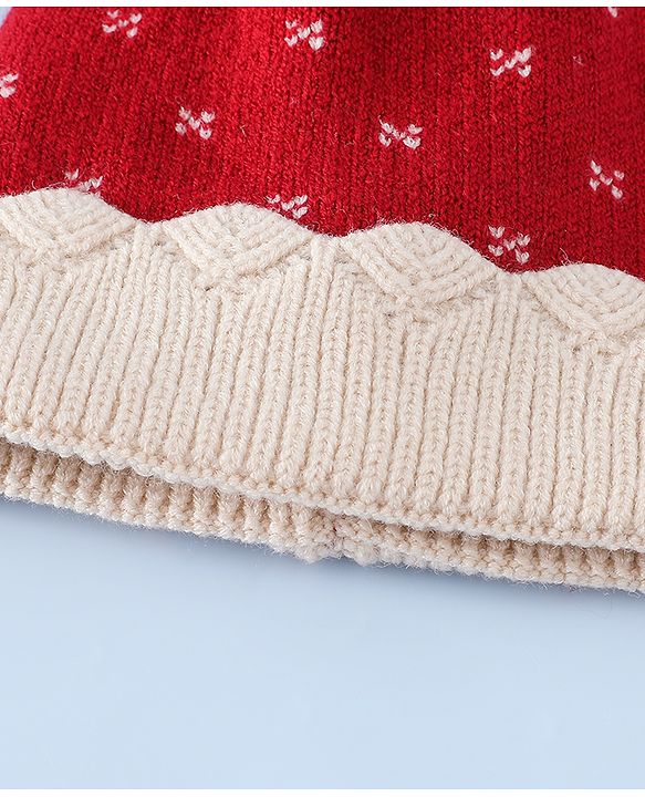Babyhug Woollen Cap & Sets With Floral Design Red - Diameter 18.5 cm