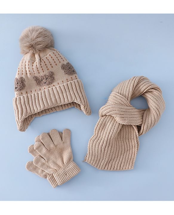 Babyhug Woollen Cap & Sets With Bear Detailing in Khaki - Diameter 19 cm