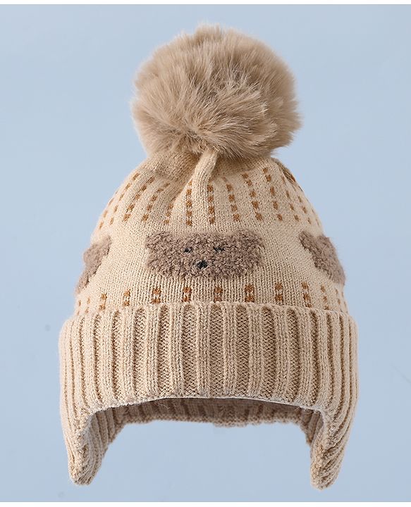 Babyhug Woollen Cap & Sets With Bear Detailing in Khaki - Diameter 19 cm