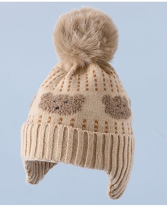Babyhug Woollen Cap & Sets With Bear Detailing in Khaki - Diameter 19 cm