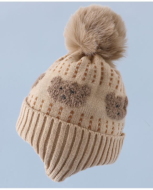 Babyhug Woollen Cap & Sets With Bear Detailing in Khaki - Diameter 19 cm