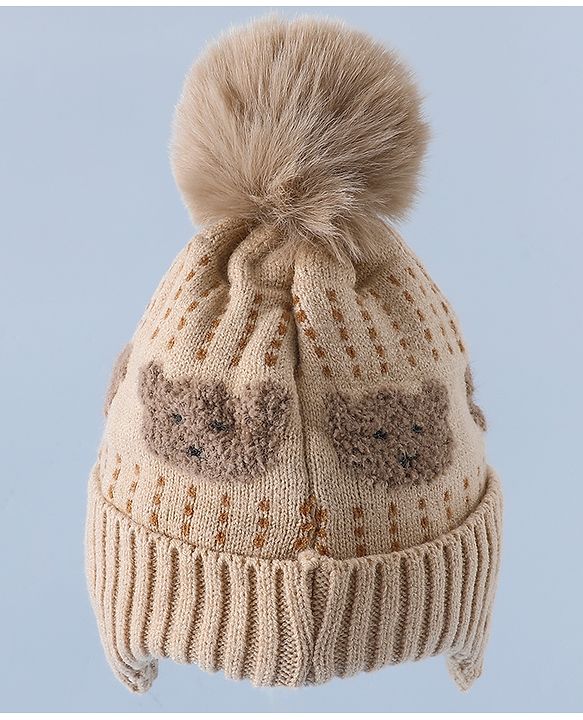 Babyhug Woollen Cap & Sets With Bear Detailing in Khaki - Diameter 19 cm