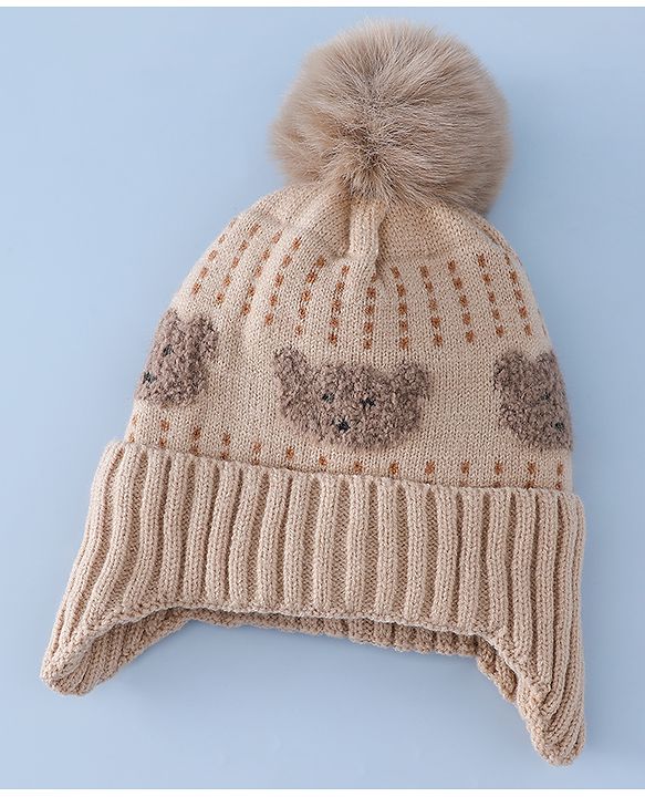 Babyhug Woollen Cap & Sets With Bear Detailing in Khaki - Diameter 19 cm