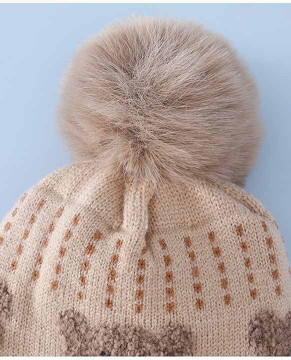 Babyhug Woollen Cap & Sets With Bear Detailing in Khaki - Diameter 19 cm