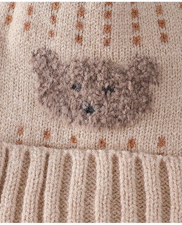 Babyhug Woollen Cap & Sets With Bear Detailing in Khaki - Diameter 19 cm