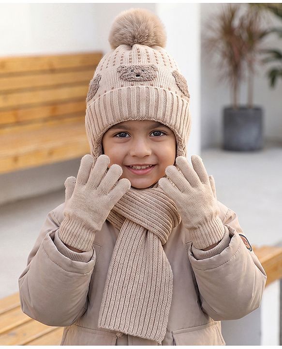 Babyhug Woollen Cap & Sets With Bear Detailing in Khaki - Diameter 19 cm