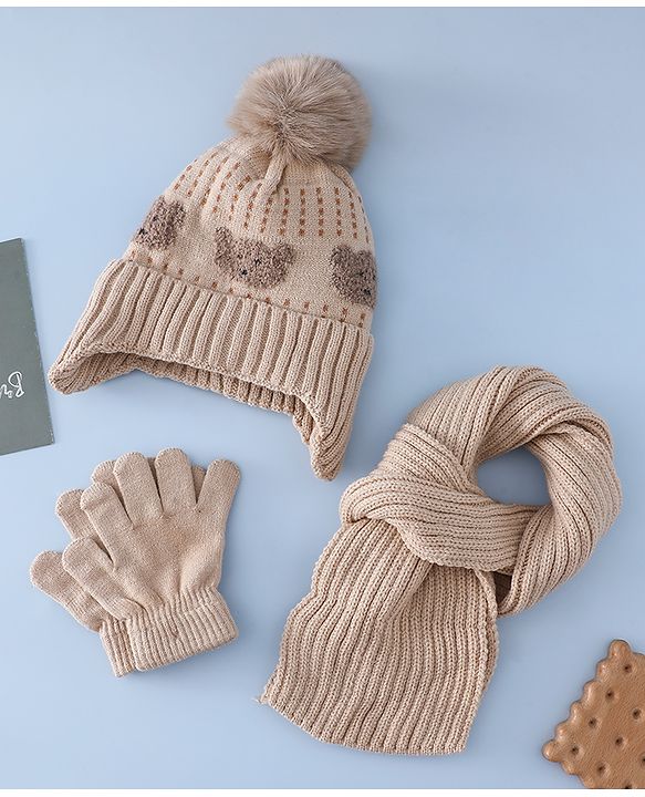 Babyhug Woollen Cap & Sets With Bear Detailing in Khaki - Diameter 19 cm