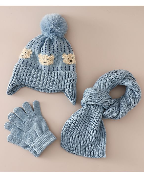 Babyhug Woollen Cap & Sets With Bear Detailing in Khaki - Diameter 19 cm