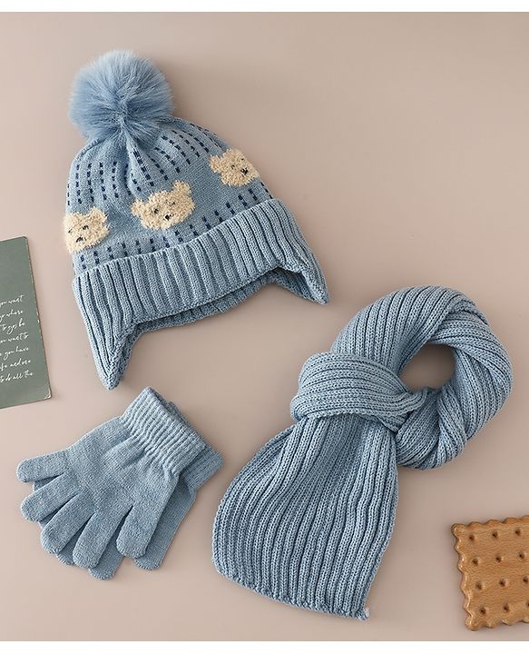 Babyhug Woollen Cap & Sets With Bear Detailing in Khaki - Diameter 19 cm
