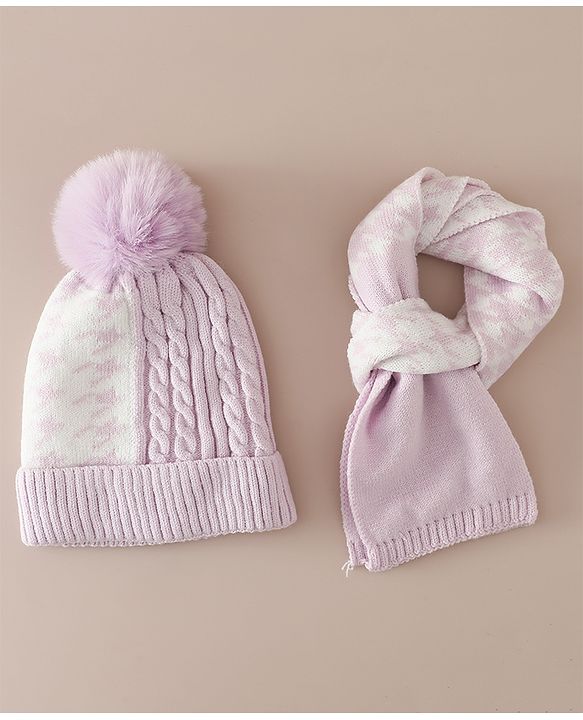 Babyhug Woollen Cap & Sets With Cable Knit Design in Purple - Diameter 18 cm