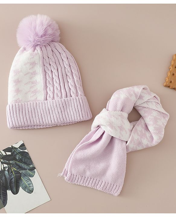 Babyhug Woollen Cap & Sets With Cable Knit Design in Purple - Diameter 18 cm