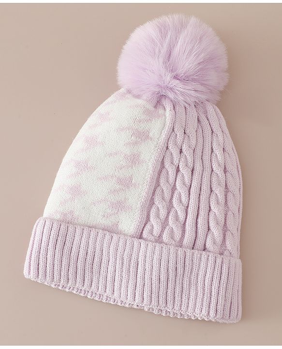 Babyhug Woollen Cap & Sets With Cable Knit Design in Purple - Diameter 18 cm