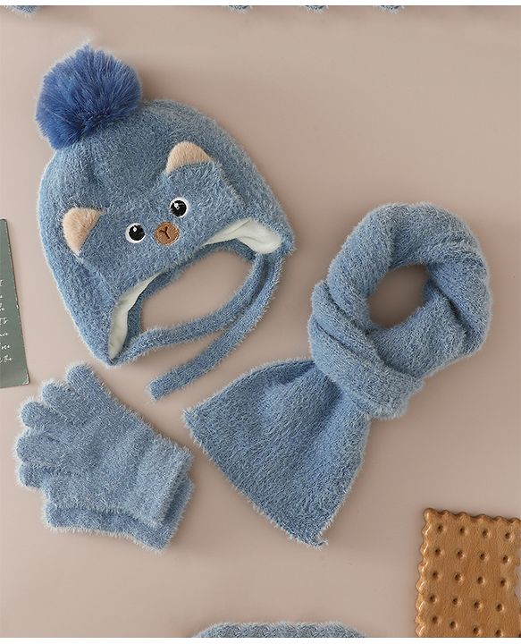 Babyhug Woollen Cap & Sets With Cat Detailing In Blue - Diameter 18 cm