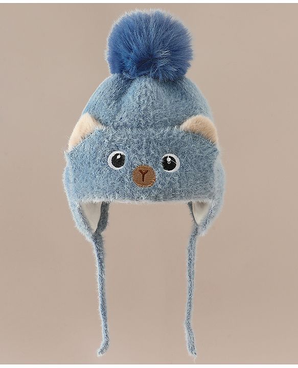 Babyhug Woollen Cap & Sets With Cat Detailing In Blue - Diameter 18 cm