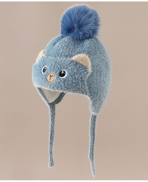 Babyhug Woollen Cap & Sets With Cat Detailing In Blue - Diameter 18 cm