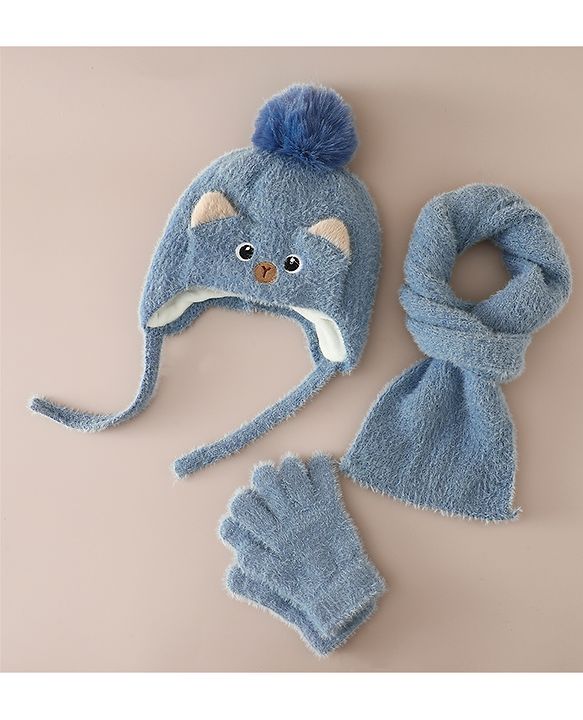 Babyhug Woollen Cap & Sets With Cat Detailing In Blue - Diameter 18 cm