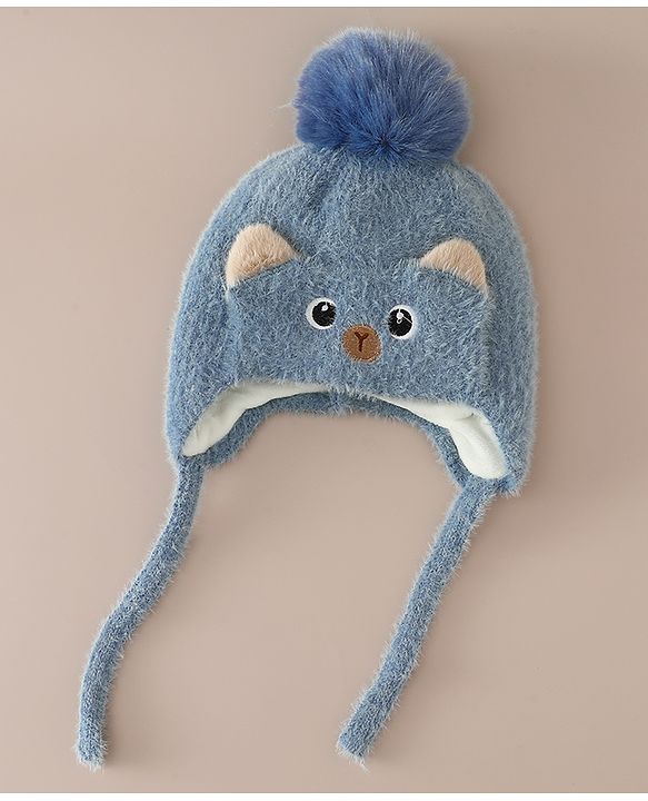 Babyhug Woollen Cap & Sets With Cat Detailing In Blue - Diameter 18 cm