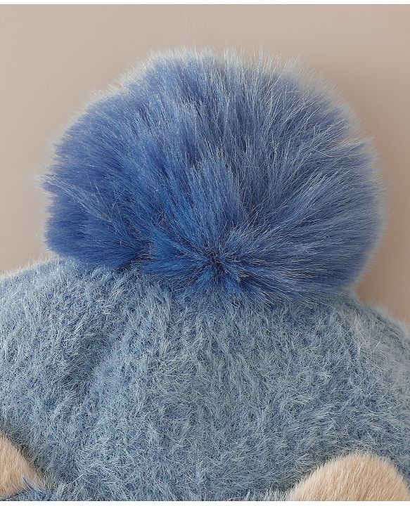 Babyhug Woollen Cap & Sets With Cat Detailing In Blue - Diameter 18 cm