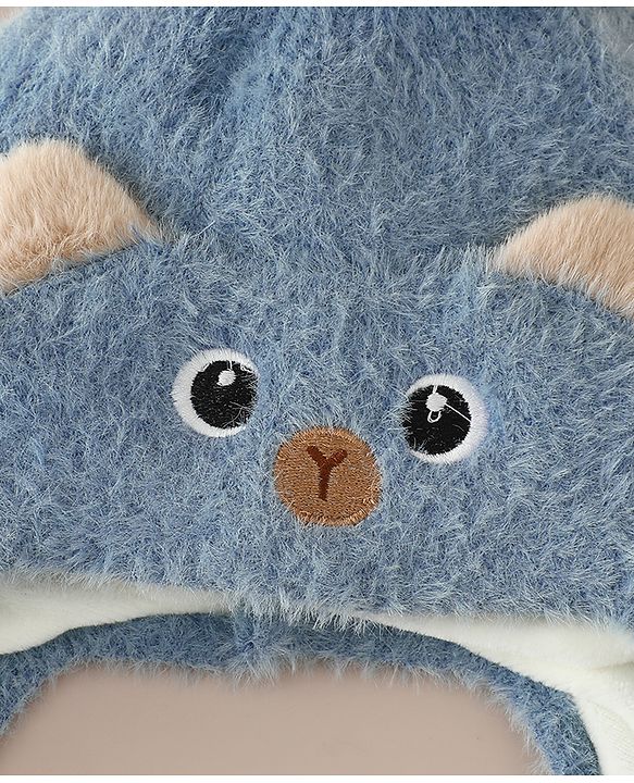 Babyhug Woollen Cap & Sets With Cat Detailing In Blue - Diameter 18 cm