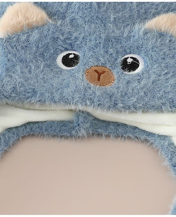 Babyhug Woollen Cap & Sets With Cat Detailing In Blue - Diameter 18 cm