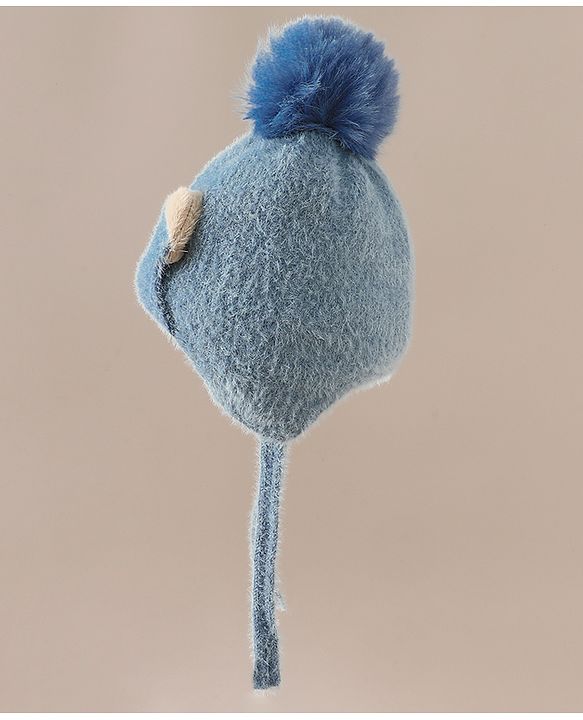 Babyhug Woollen Cap & Sets With Cat Detailing In Blue - Diameter 18 cm