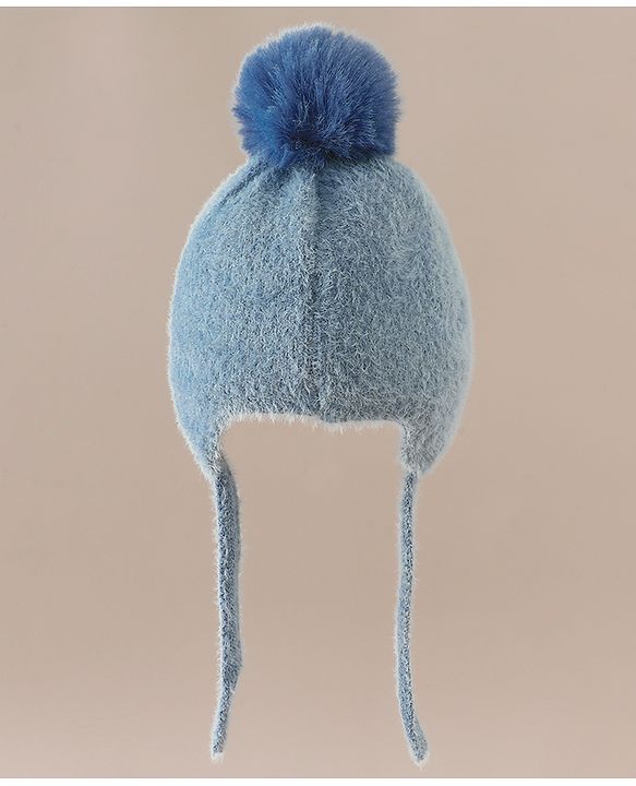 Babyhug Woollen Cap & Sets With Cat Detailing In Blue - Diameter 18 cm