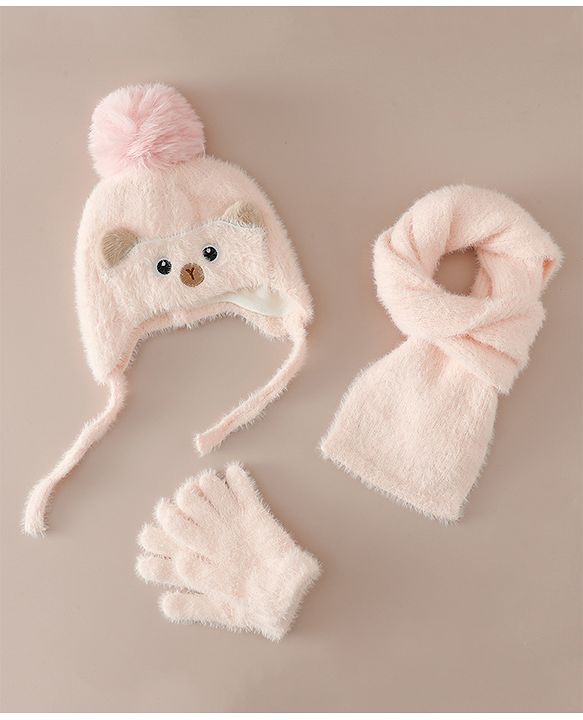 Babyhug Woollen Cap & Sets With Cat Detailing In Blue - Diameter 18 cm