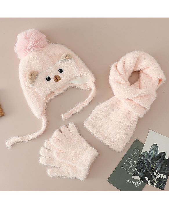 Babyhug Woollen Cap & Sets With Cat Detailing In Blue - Diameter 18 cm
