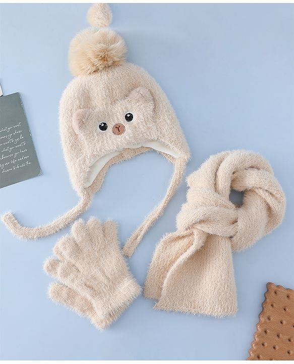 Babyhug Woollen Cap & Sets With Cat Detailing In Blue - Diameter 18 cm