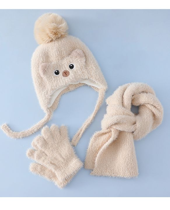 Babyhug Woollen Cap & Sets With Cat Detailing In Blue - Diameter 18 cm