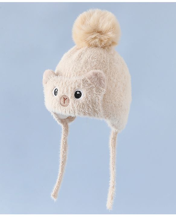 Babyhug Woollen Cap & Sets With Cat Detailing In Blue - Diameter 18 cm