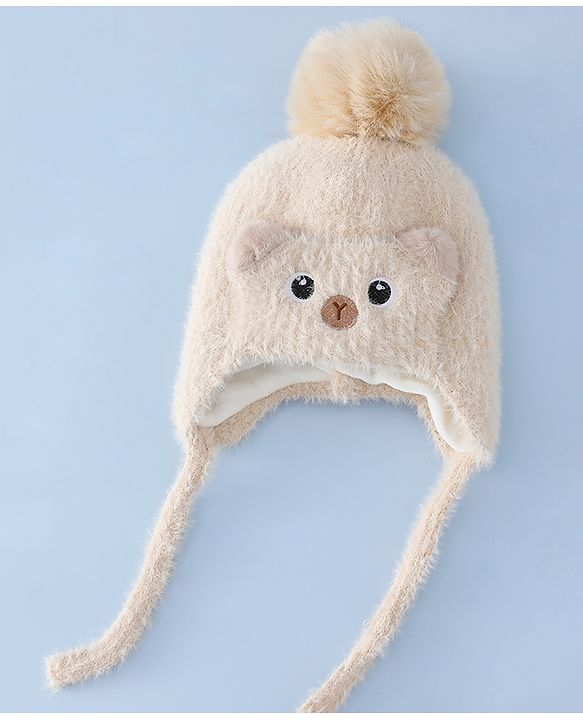 Babyhug Woollen Cap & Sets With Cat Detailing In Blue - Diameter 18 cm