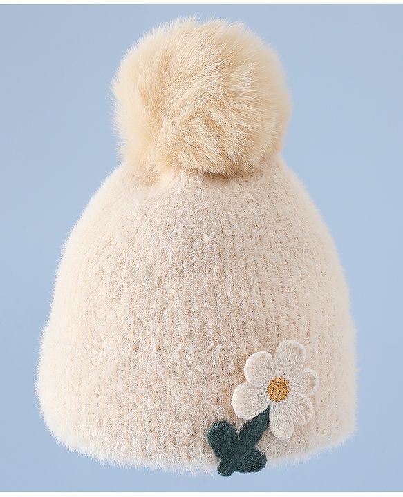 Babyhug Woollen Cap & Sets WIth Floral Applique in Khaki - Diameter 18 cm