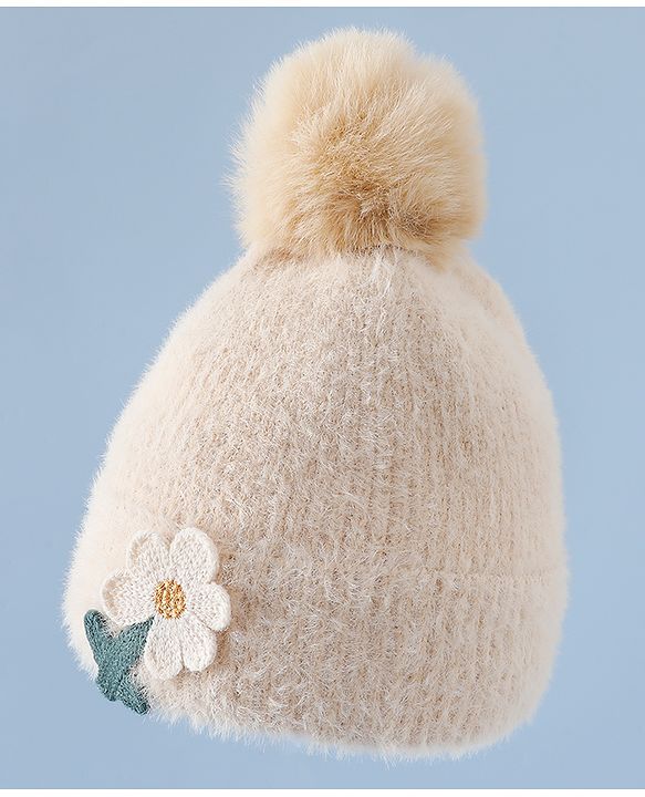 Babyhug Woollen Cap & Sets WIth Floral Applique in Khaki - Diameter 18 cm