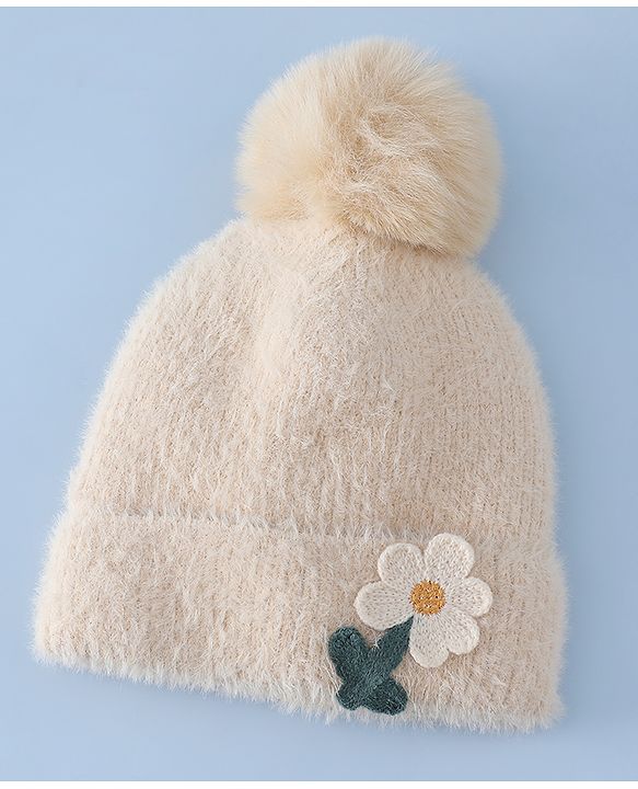 Babyhug Woollen Cap & Sets WIth Floral Applique in Khaki - Diameter 18 cm