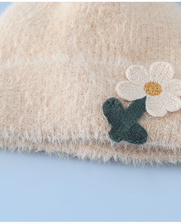 Babyhug Woollen Cap & Sets WIth Floral Applique in Khaki - Diameter 18 cm