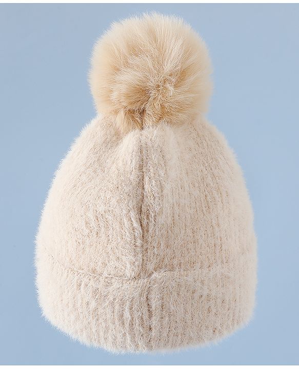 Babyhug Woollen Cap & Sets WIth Floral Applique in Khaki - Diameter 18 cm