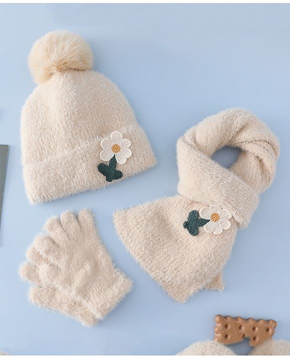 Babyhug Woollen Cap & Sets WIth Floral Applique in Khaki - Diameter 18 cm