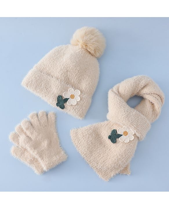 Babyhug Woollen Cap & Sets WIth Floral Applique in Khaki - Diameter 18 cm