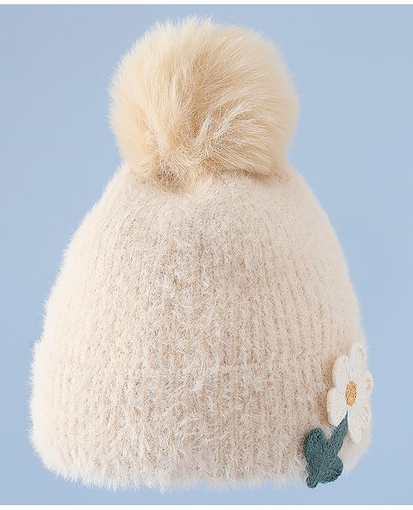 Babyhug Woollen Cap & Sets WIth Floral Applique in Khaki - Diameter 18 cm