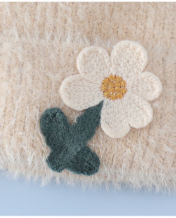 Babyhug Woollen Cap & Sets WIth Floral Applique in Khaki - Diameter 18 cm