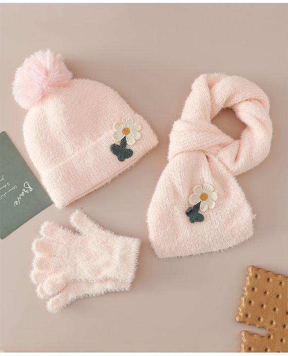 Babyhug Woollen Cap & Sets WIth Floral Applique in Khaki - Diameter 18 cm