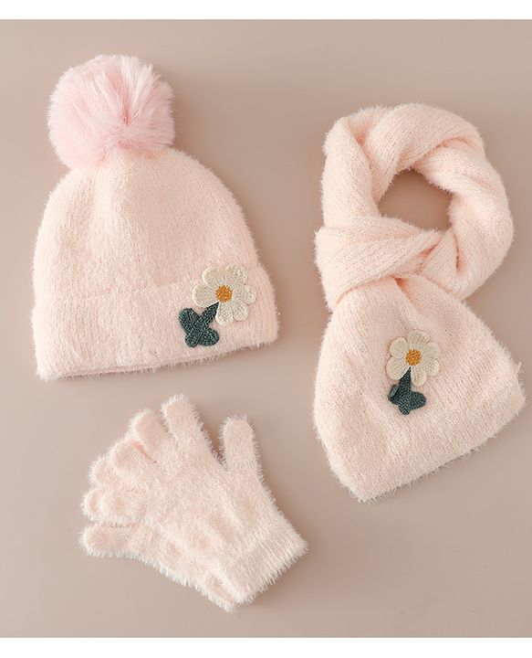 Babyhug Woollen Cap & Sets WIth Floral Applique in Khaki - Diameter 18 cm