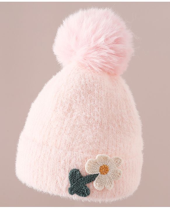 Babyhug Woollen Cap & Sets WIth Floral Applique in Khaki - Diameter 18 cm