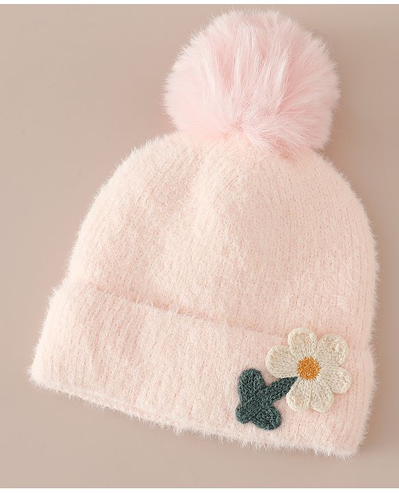 Babyhug Woollen Cap & Sets WIth Floral Applique in Khaki - Diameter 18 cm