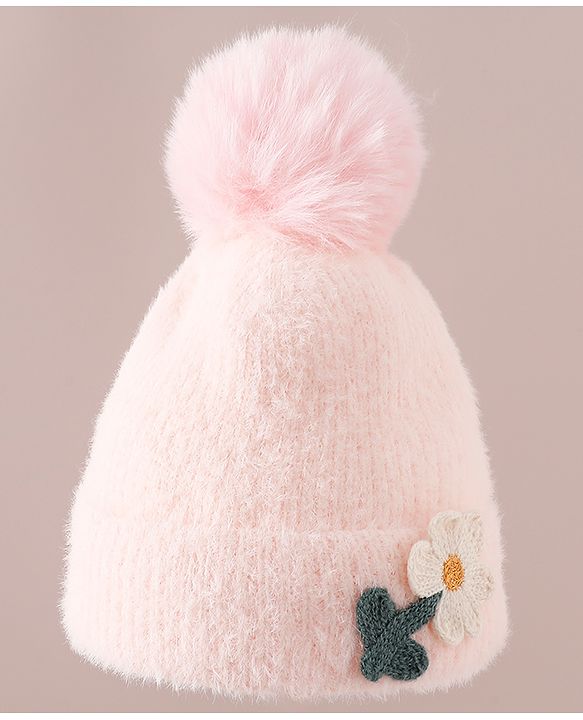 Babyhug Woollen Cap & Sets WIth Floral Applique in Khaki - Diameter 18 cm