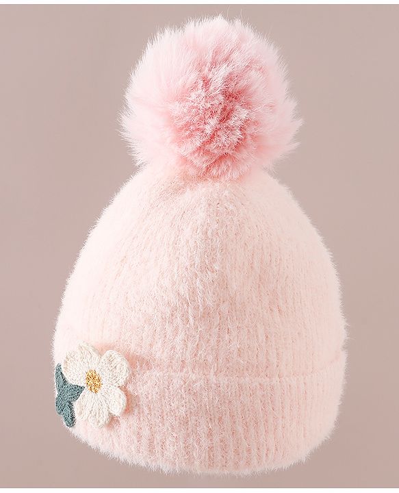Babyhug Woollen Cap & Sets WIth Floral Applique in Khaki - Diameter 18 cm